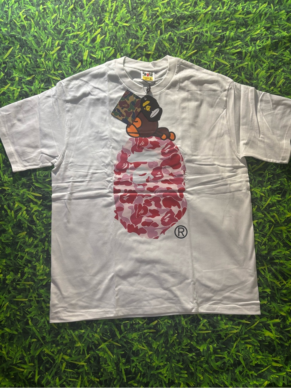 Bape White T-Shirt with Brown Ape Head and Pink Camo